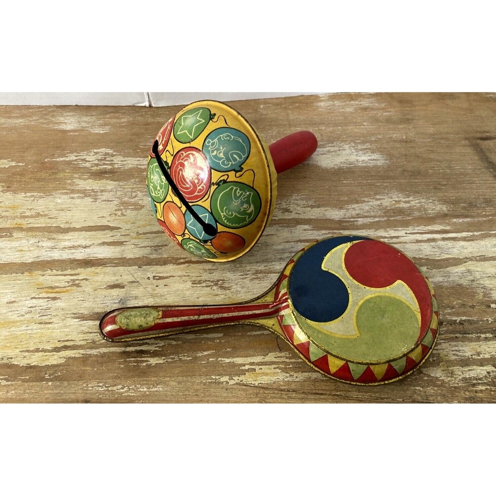 Vintage tin litho noisemakers rattles 1930's 1950's Japan clowns balloons